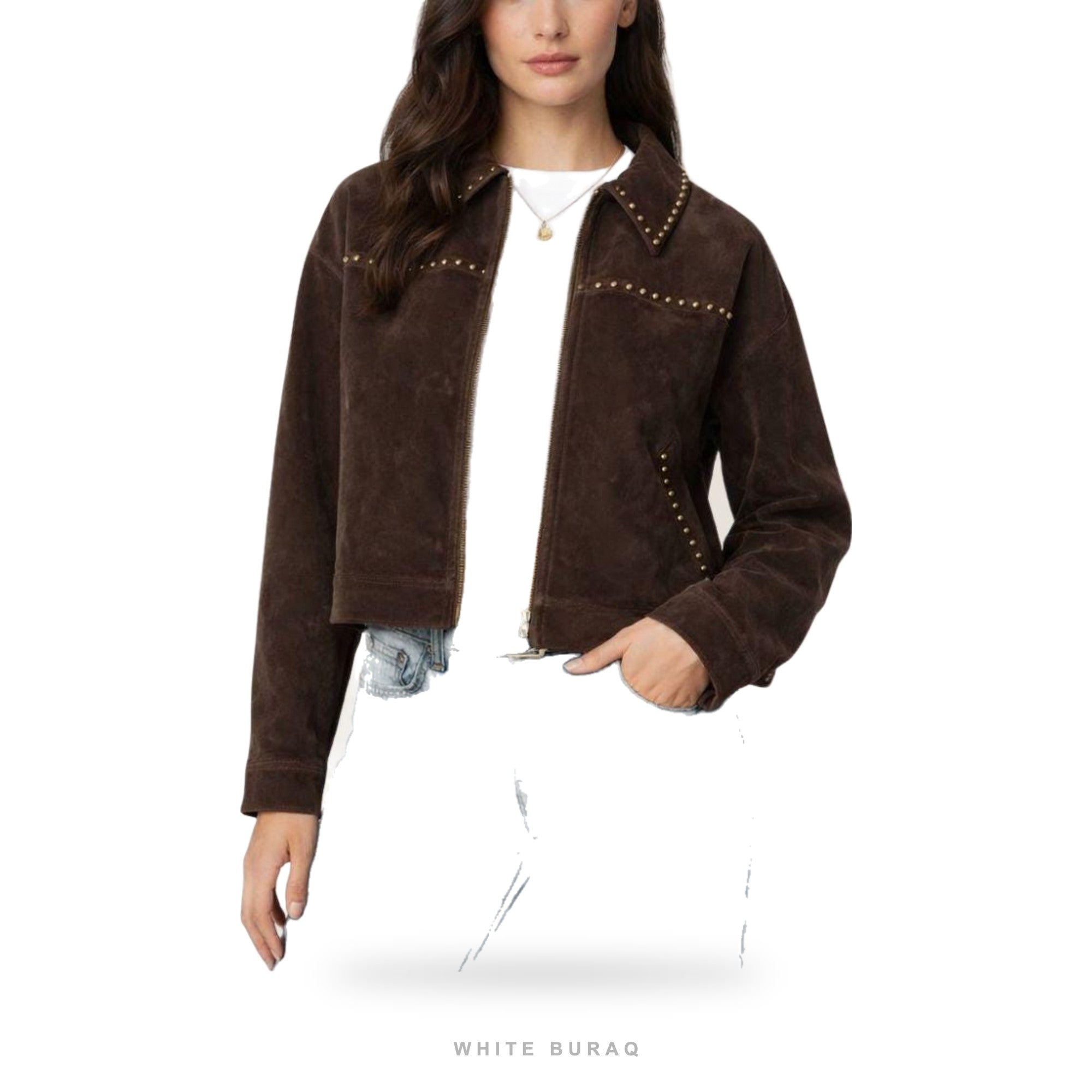Women's Brown Suede Studded Cropped Bomber