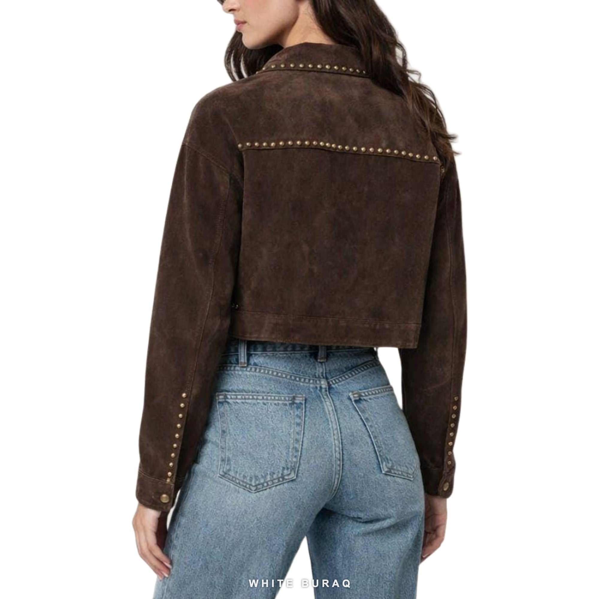 Women's Brown Suede Studded Cropped Bomber – view 3