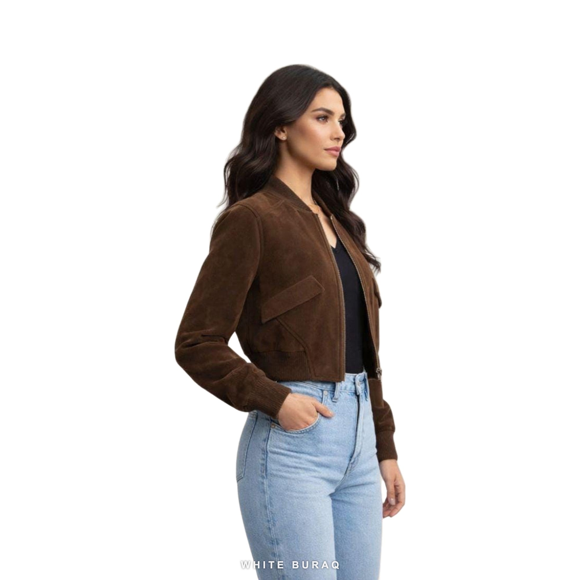 Women's Dark Brown Suede Cropped Zip Bomber – view 3