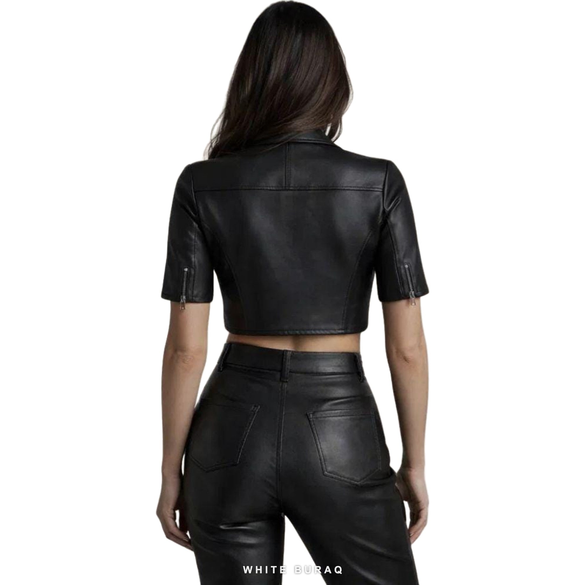 Women's Black Leather Short-Sleeve Cropped Biker – view 2