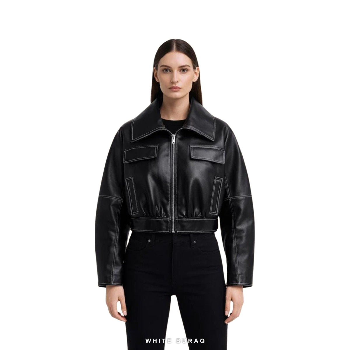 Women's Black Leather Cropped Utility Biker Jacket