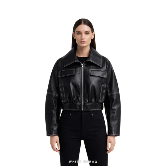 Women's Black Leather Cropped Utility Biker Jacket