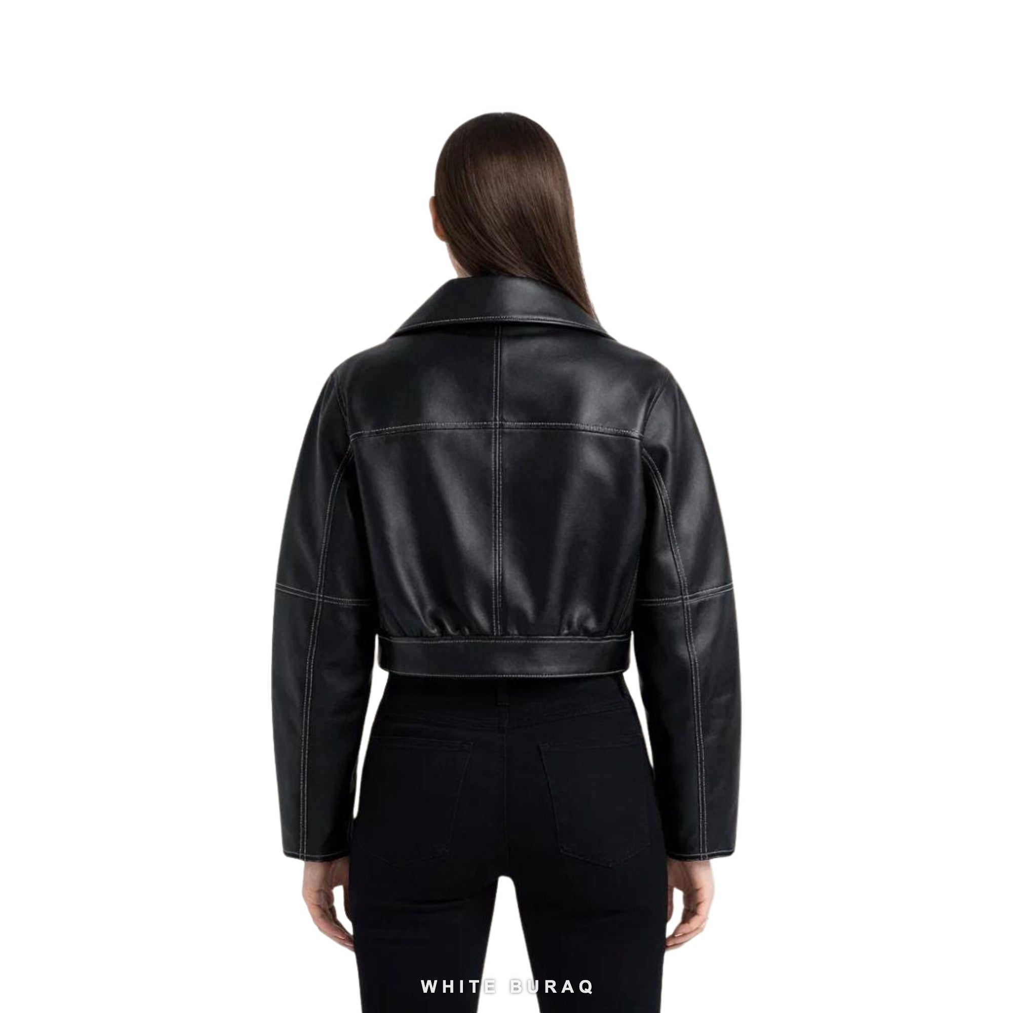 Women's Black Leather Cropped Utility Biker Jacket – view 2