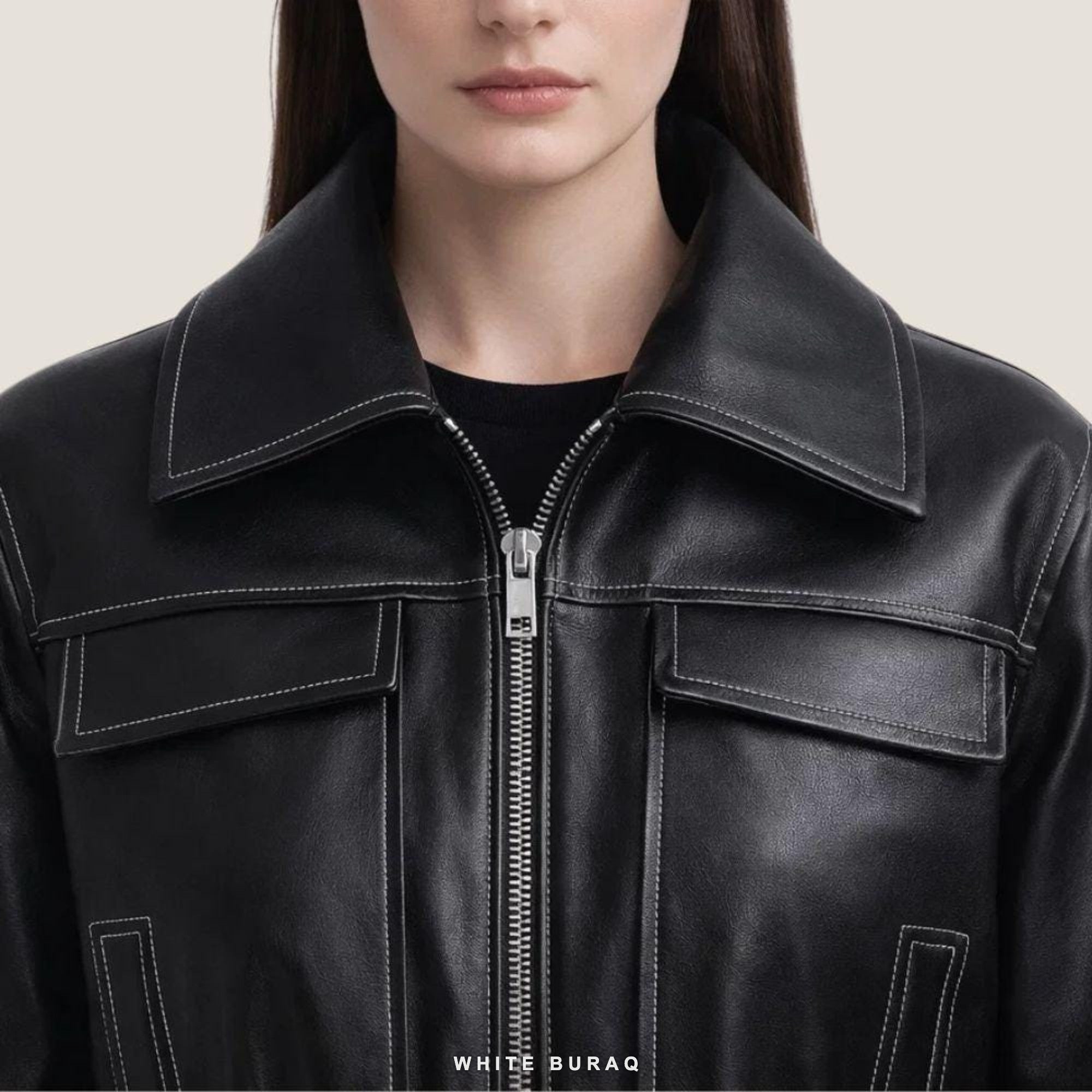 Women's Black Leather Cropped Utility Biker Jacket – view 3