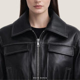 Women's Black Leather Cropped Utility Biker Jacket – view 3