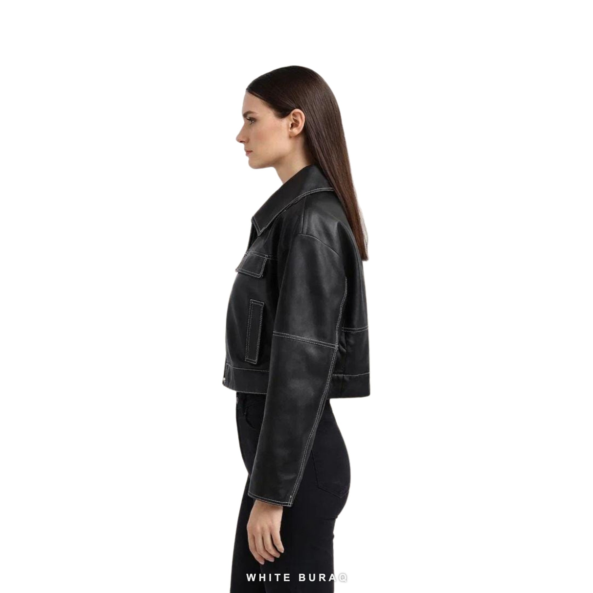 Women's Black Leather Cropped Utility Biker Jacket – view 4