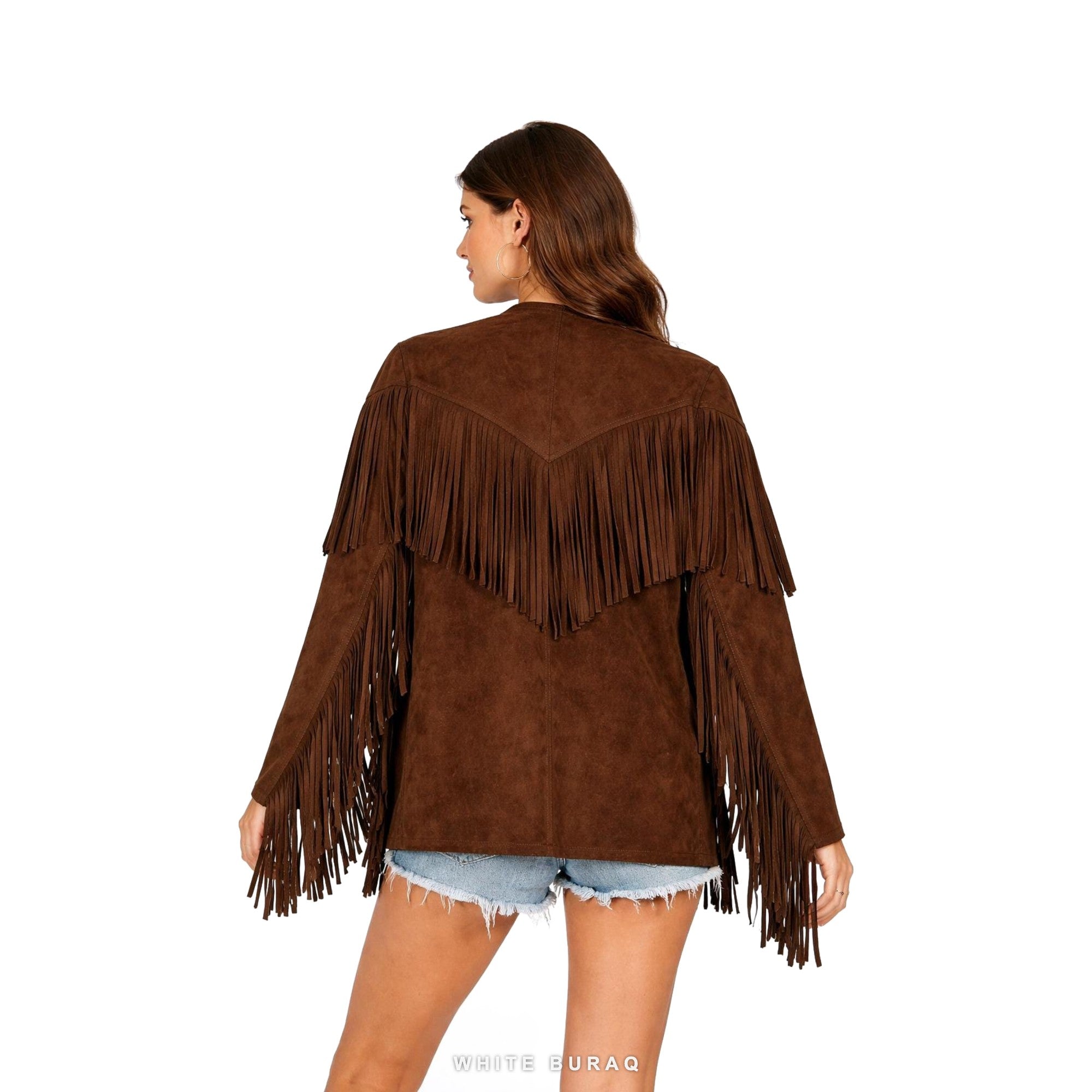 Women's Brown Suede Open-Front Fringe Jacket – view 2