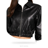 Women's Black Leather Minimal Cropped Zip Bomber – view 4