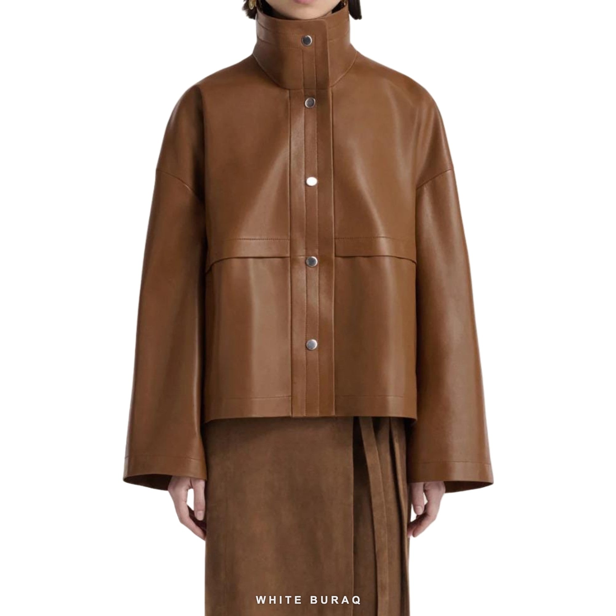 Women's Brown Leather High-Neck Boxy Jacket