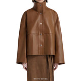 Women's Brown Leather High-Neck Boxy Jacket
