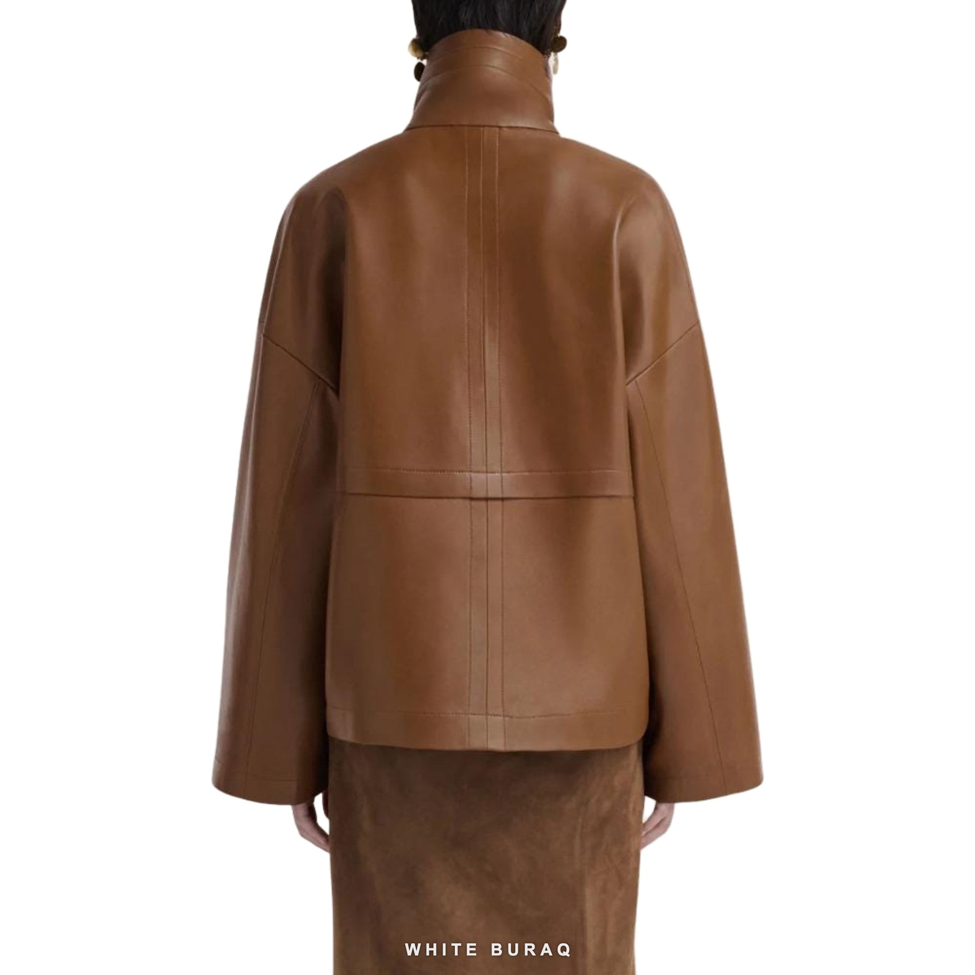 Women's Brown Leather High-Neck Boxy Jacket – view 3