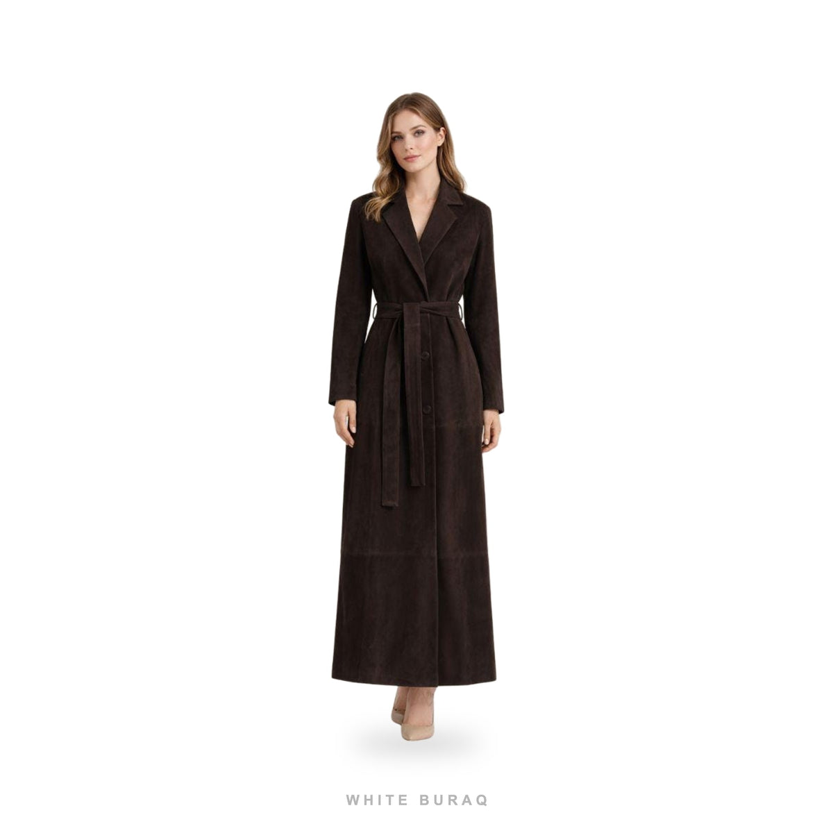 Women's Dark Brown Suede Belted Lapel Trench