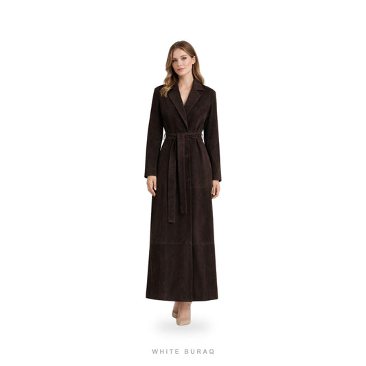 Women's Dark Brown Suede Belted Lapel Trench