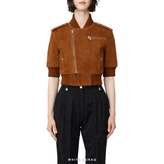 Women's Brown Suede Cropped Short-Sleeve Bomber