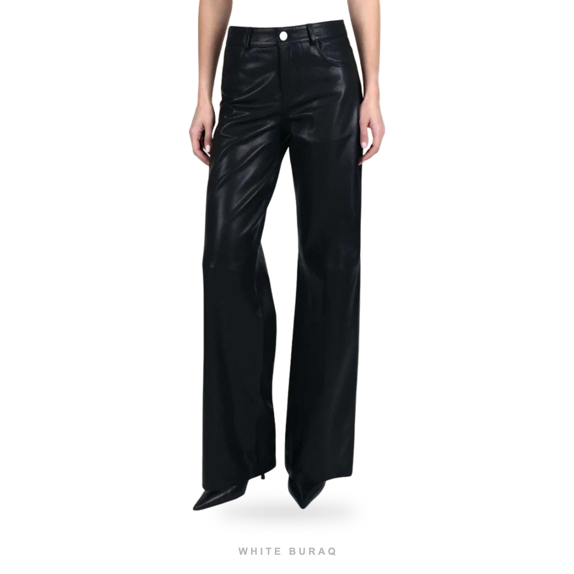 Women's Black Leather High-Waist Straight-Leg Trousers