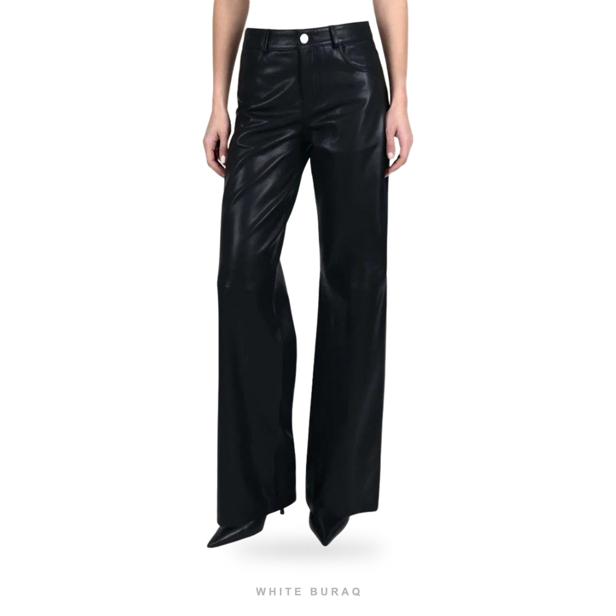 Women's Black Leather High-Waist Straight-Leg Trousers
