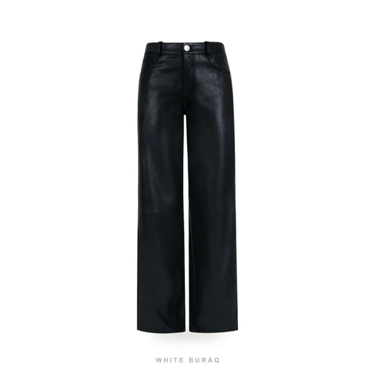 Women's Black Leather High-Waist Straight-Leg Trousers – view 2