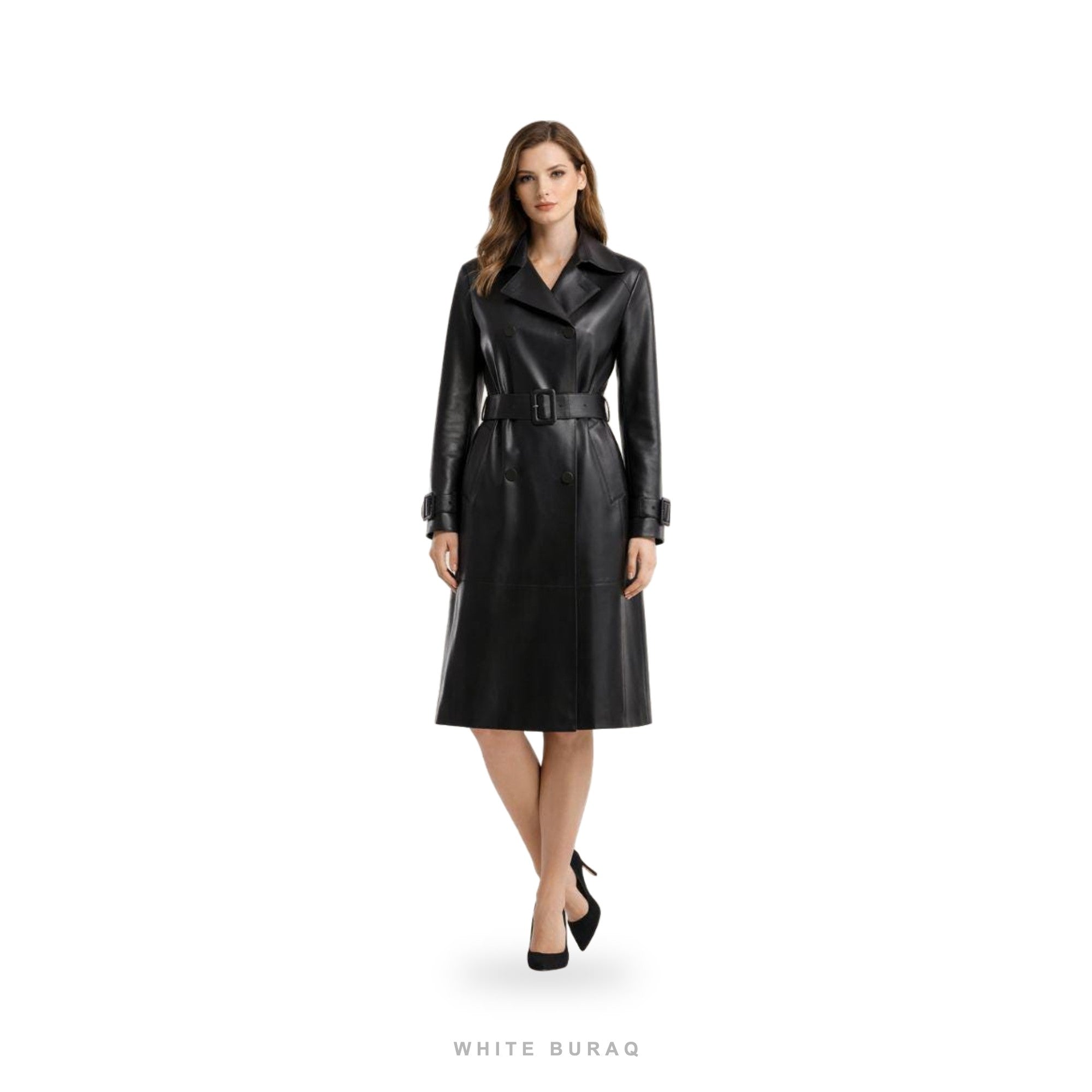 Women's Black Leather Belted Long Trench Coat