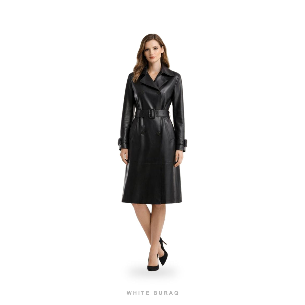 Women's Black Leather Belted Long Trench Coat