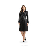 Women's Black Leather Belted Long Trench Coat