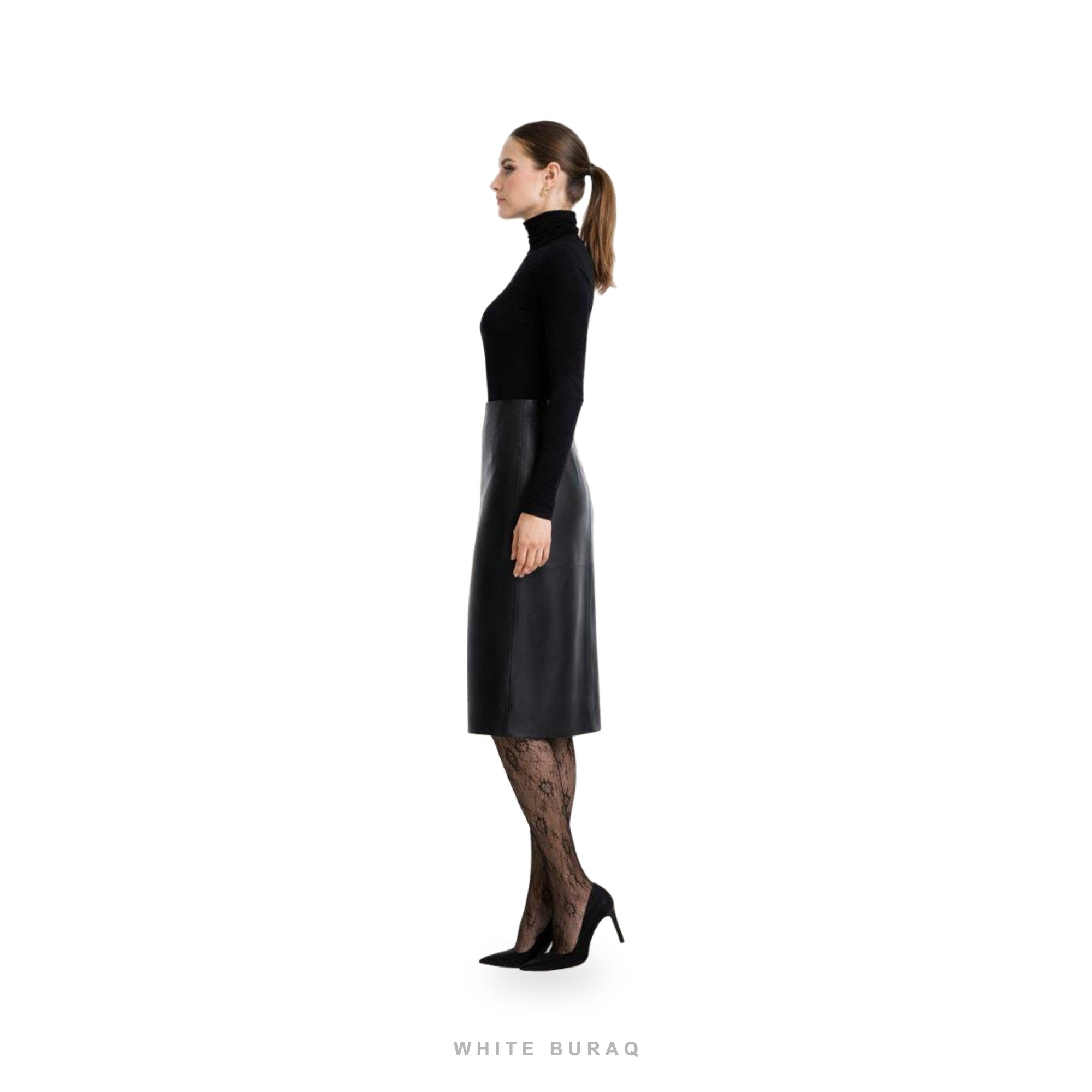 Women's Black Leather Belted Long Trench Coat – view 4