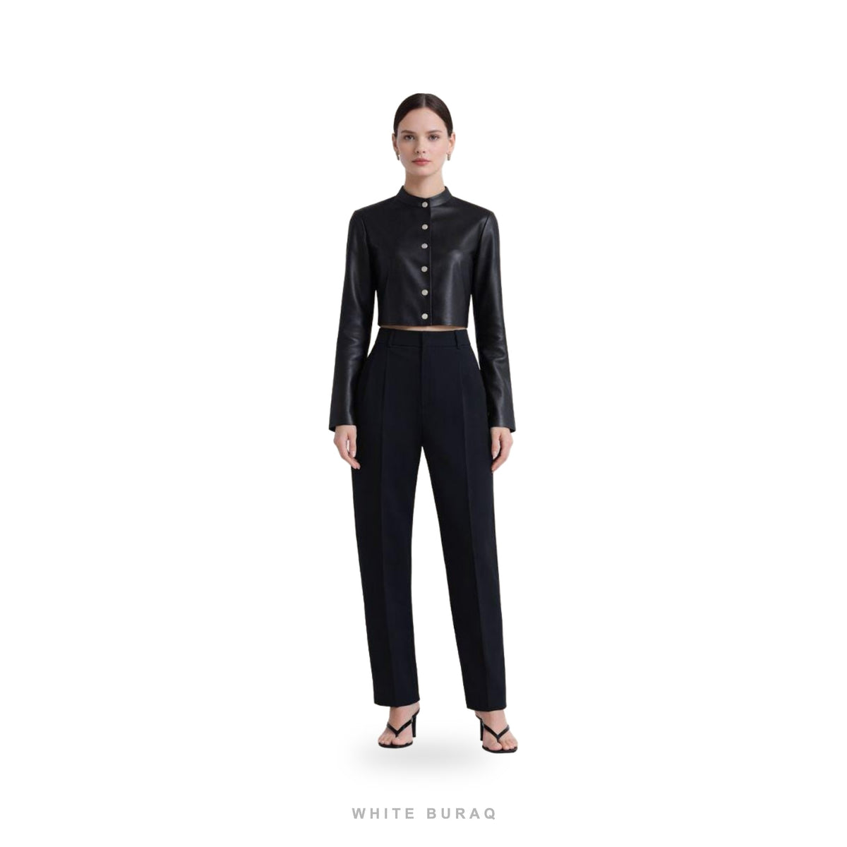 Women's Black Leather Cropped Slim Button Jacket