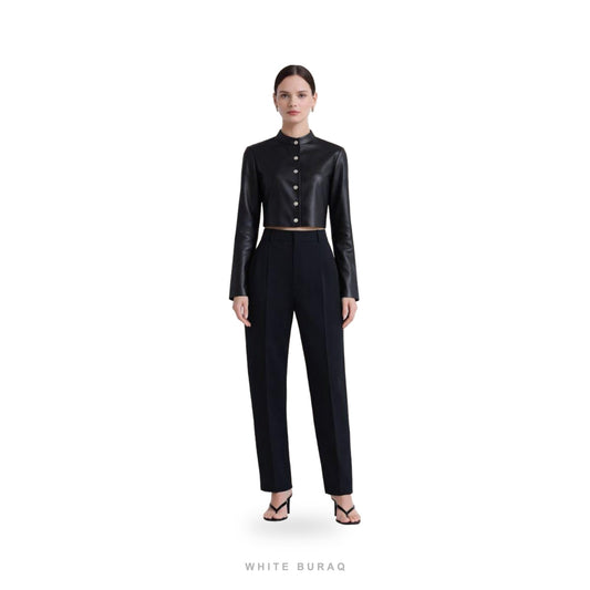 Women's Black Leather Cropped Slim Button Jacket
