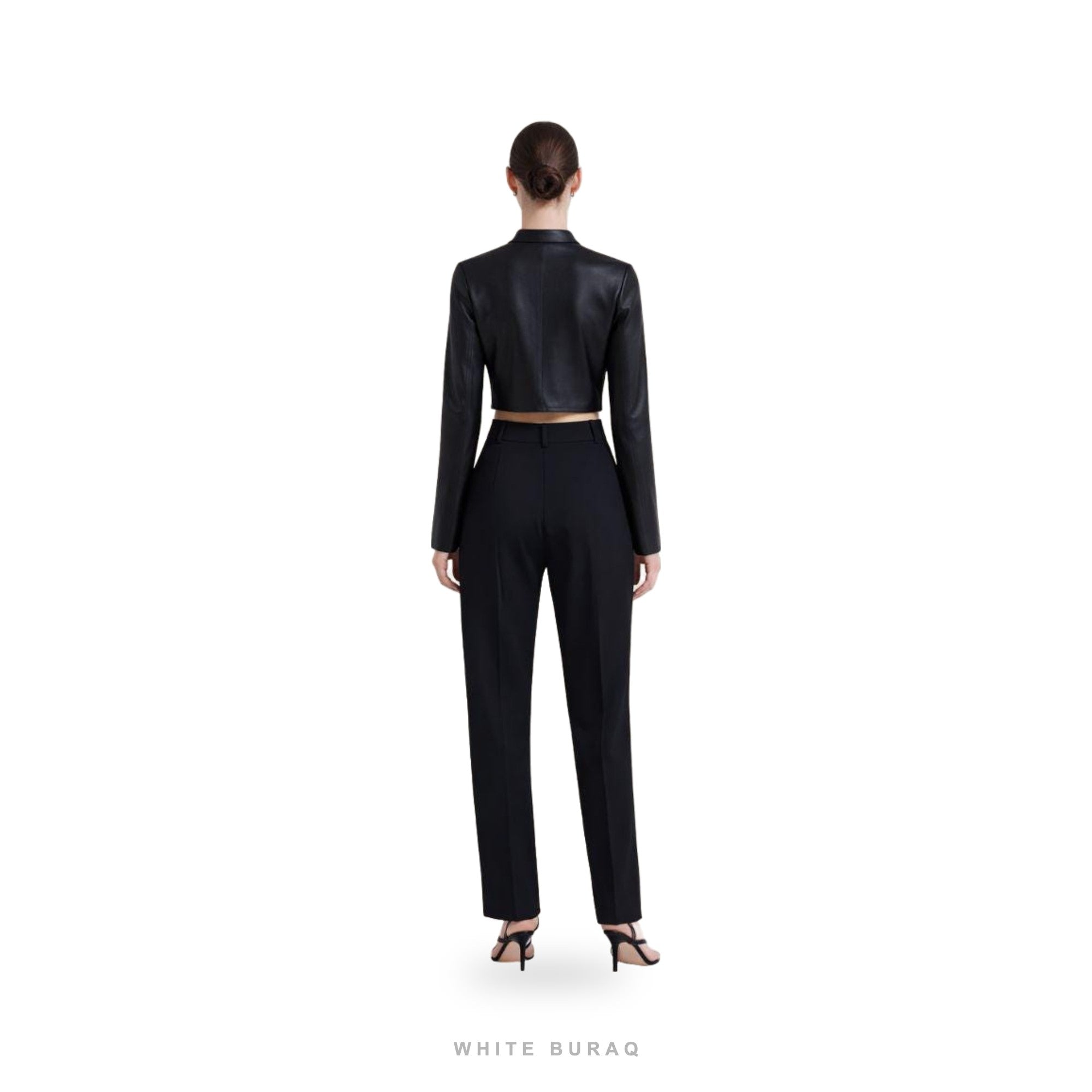 Women's Black Leather Cropped Slim Button Jacket – view 2