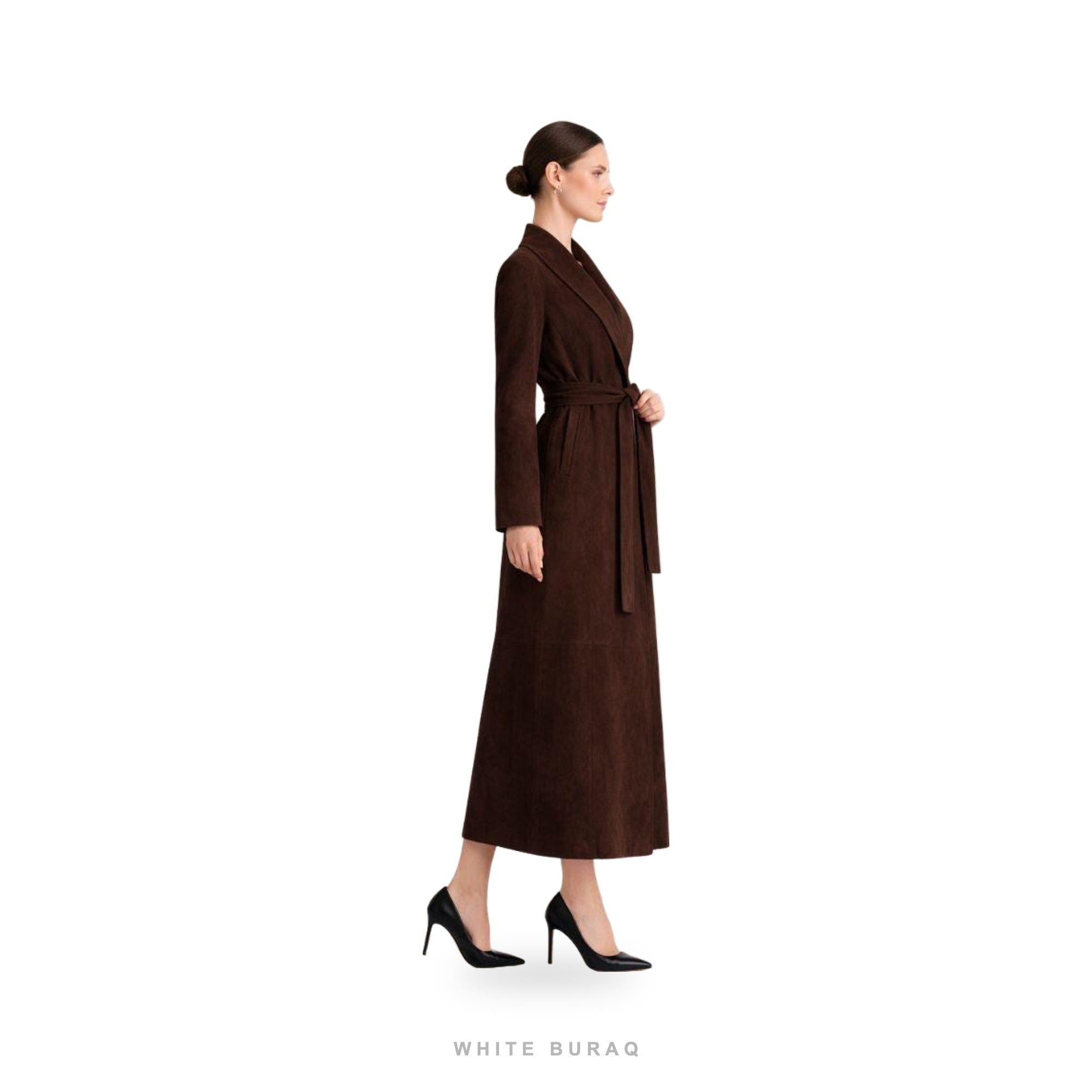 Women's Brown Suede Belted Robe Long Coat – view 4