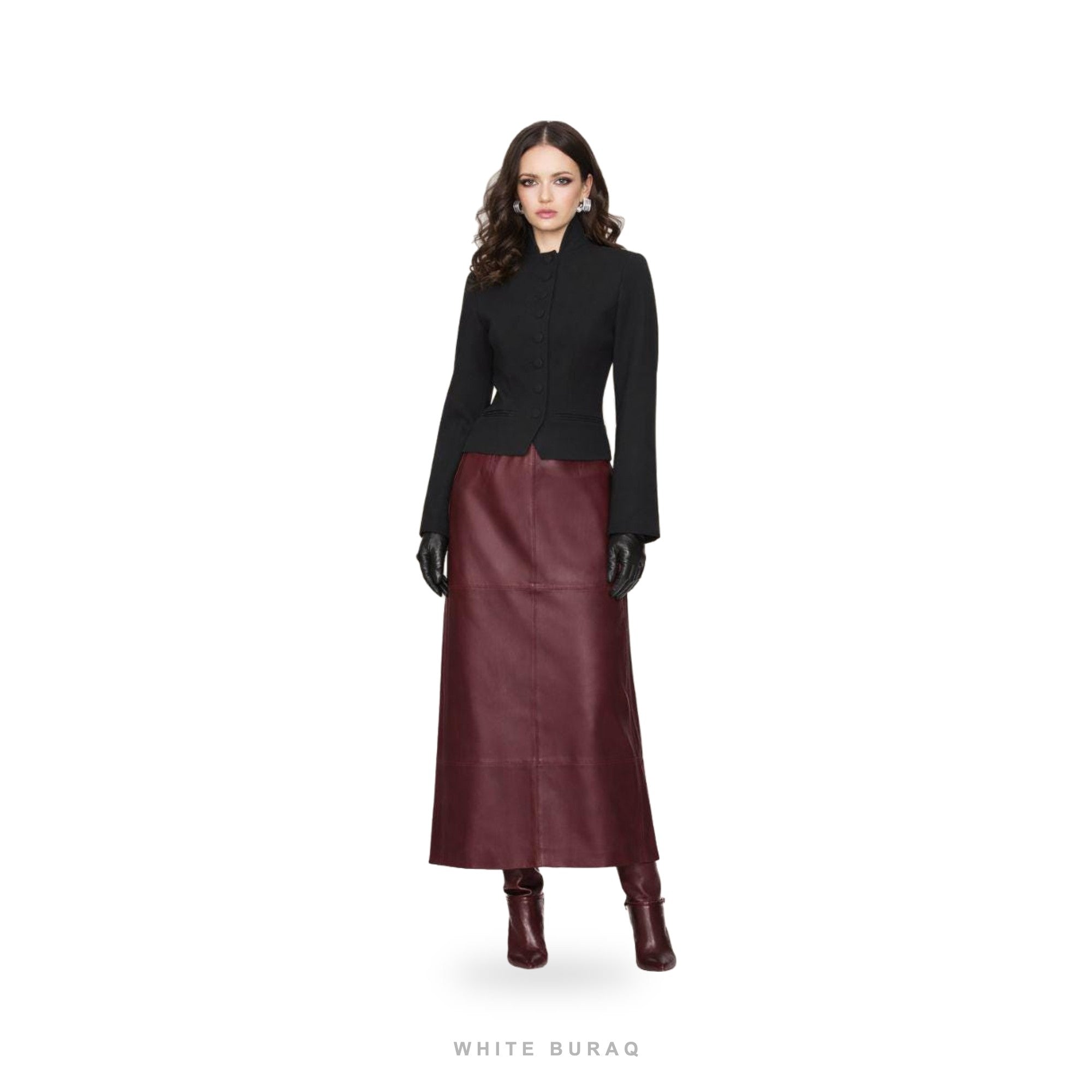 Women's Burgundy Leather High-Waist Maxi Skirt