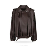 Women's Brown Leather Belted Fringe Jacket – view 3