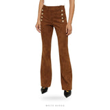 Women's Rust Brown Suede Flared Pants with Gold Buttons – view 4