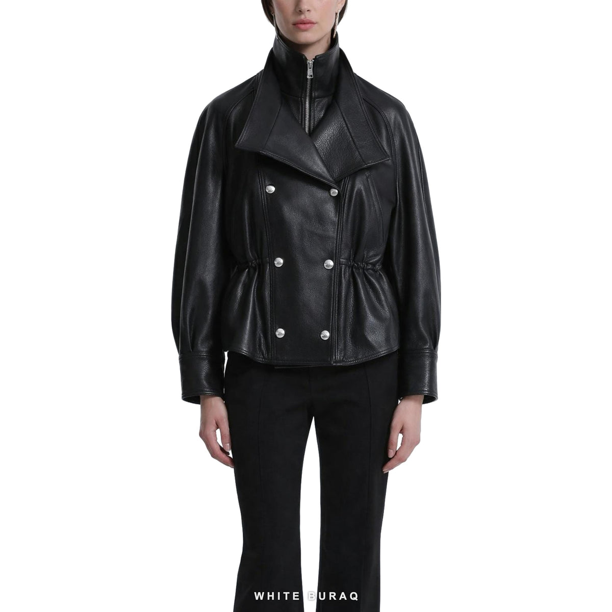 Women's Black Leather Cropped Double-Breasted Jacket