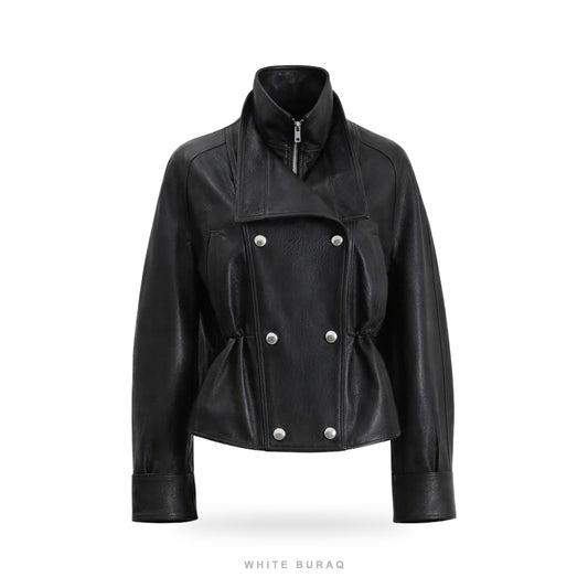 Women's Black Leather Cropped Double-Breasted Jacket – view 2