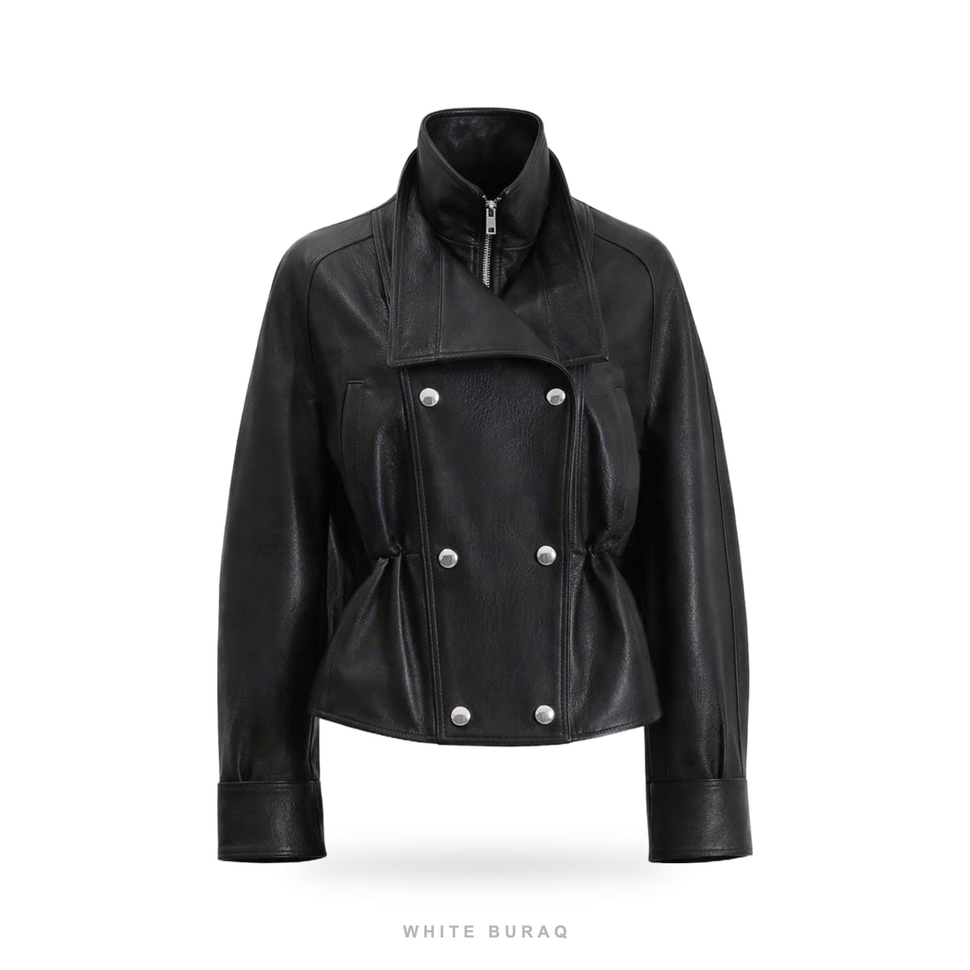Women's Black Leather Cropped Double-Breasted Jacket – view 4