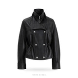 Women's Black Leather Cropped Double-Breasted Jacket – view 4