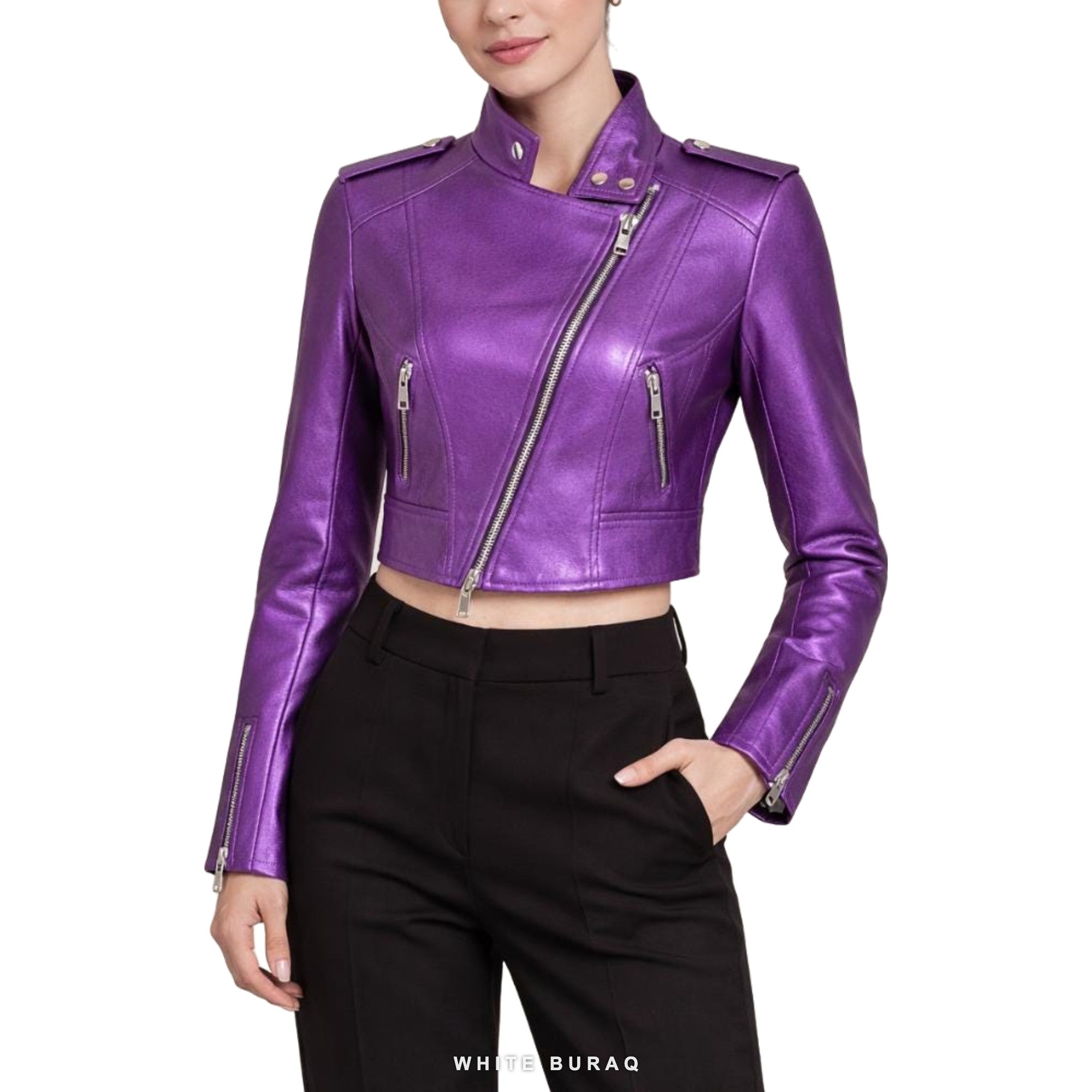 Women's Metallic Purple Sheepskin Cropped Biker