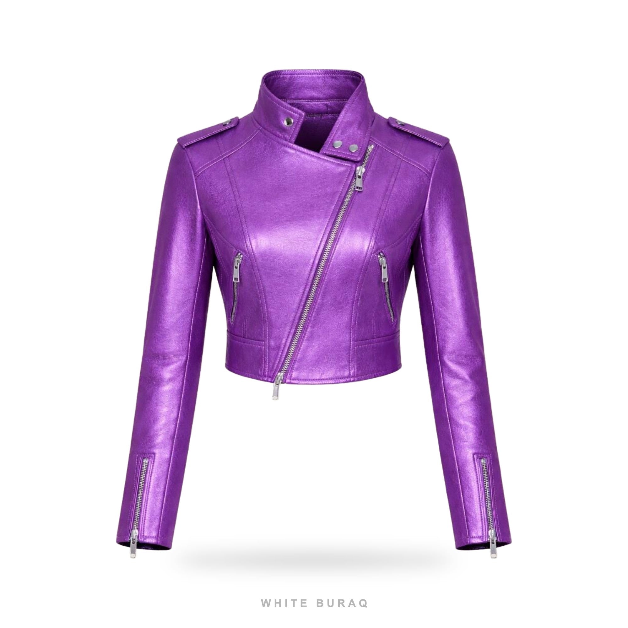Women's Metallic Purple Sheepskin Cropped Biker – view 2