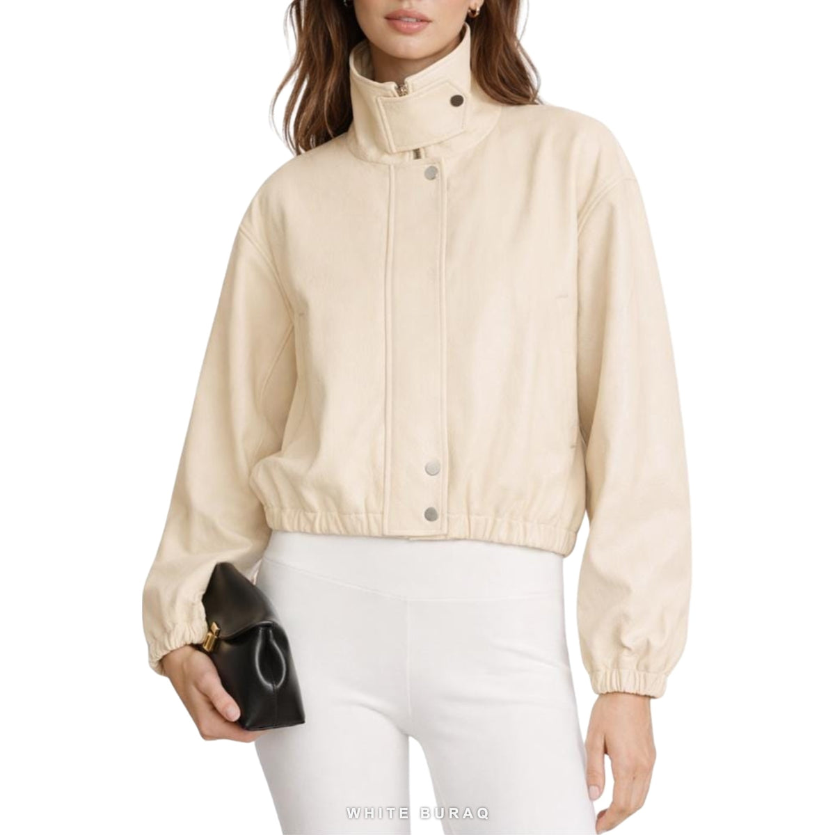 Women's Beige Leather High-Neck Cropped Snap Jacket