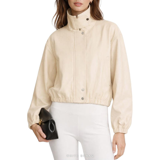 Women's Beige Leather High-Neck Cropped Snap Jacket