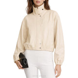 Women's Beige Leather High-Neck Cropped Snap Jacket