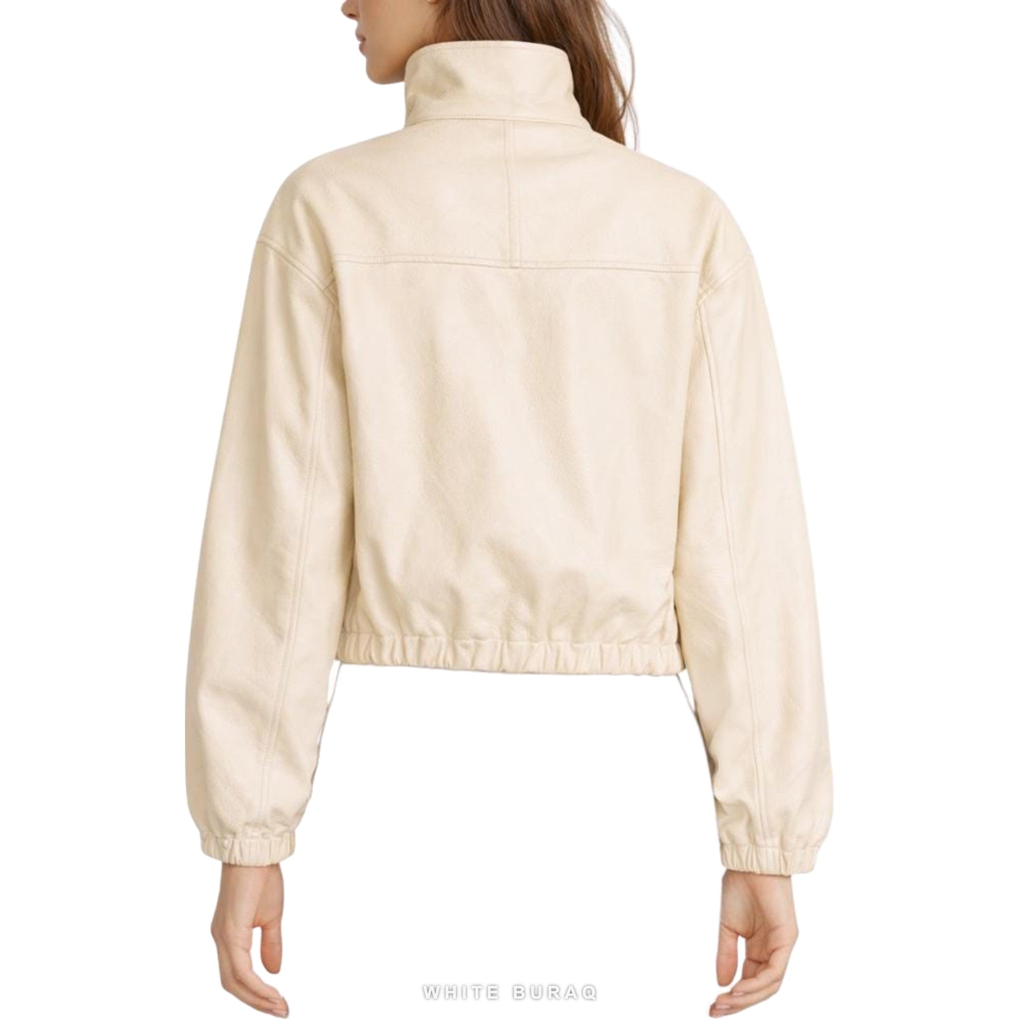 Women's Beige Leather High-Neck Cropped Snap Jacket – view 2