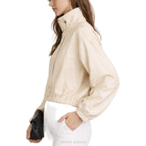 Women's Beige Leather High-Neck Cropped Snap Jacket – view 3