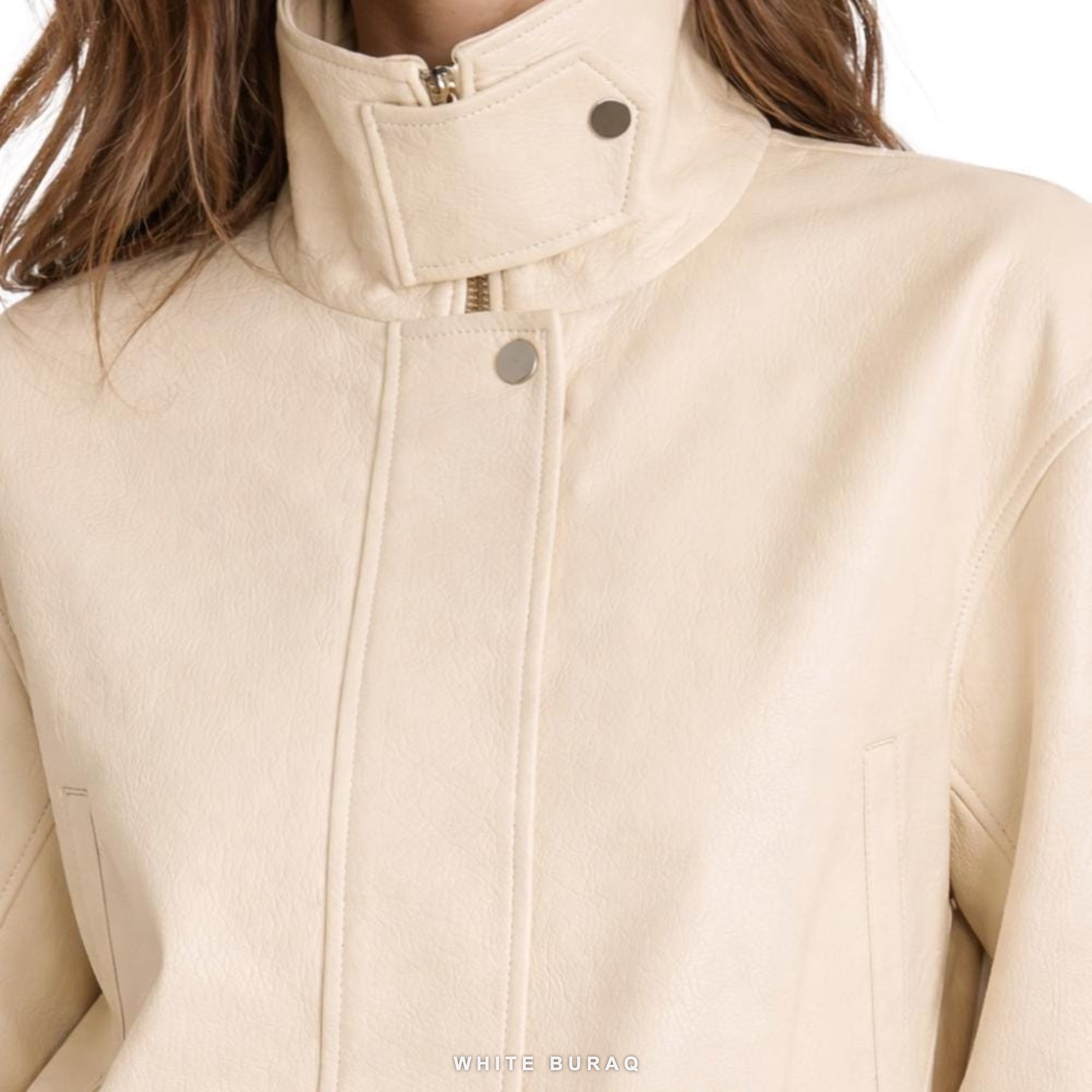 Women's Beige Leather High-Neck Cropped Snap Jacket – view 4
