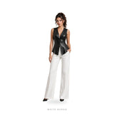 Women's Black Leather Deep V Peplum Vest