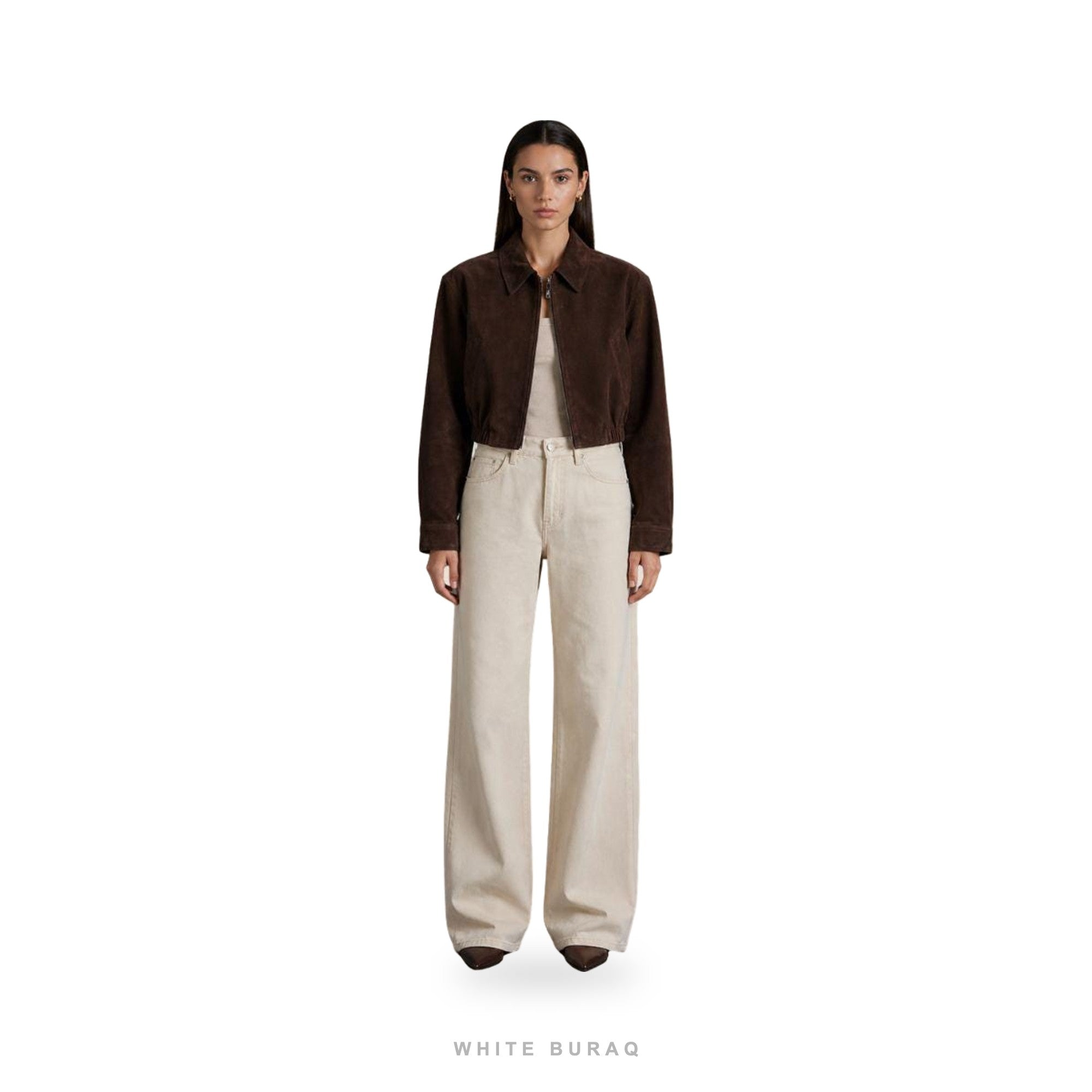 Women's Brown Suede Cropped Zip Shirt-Collar Jacket