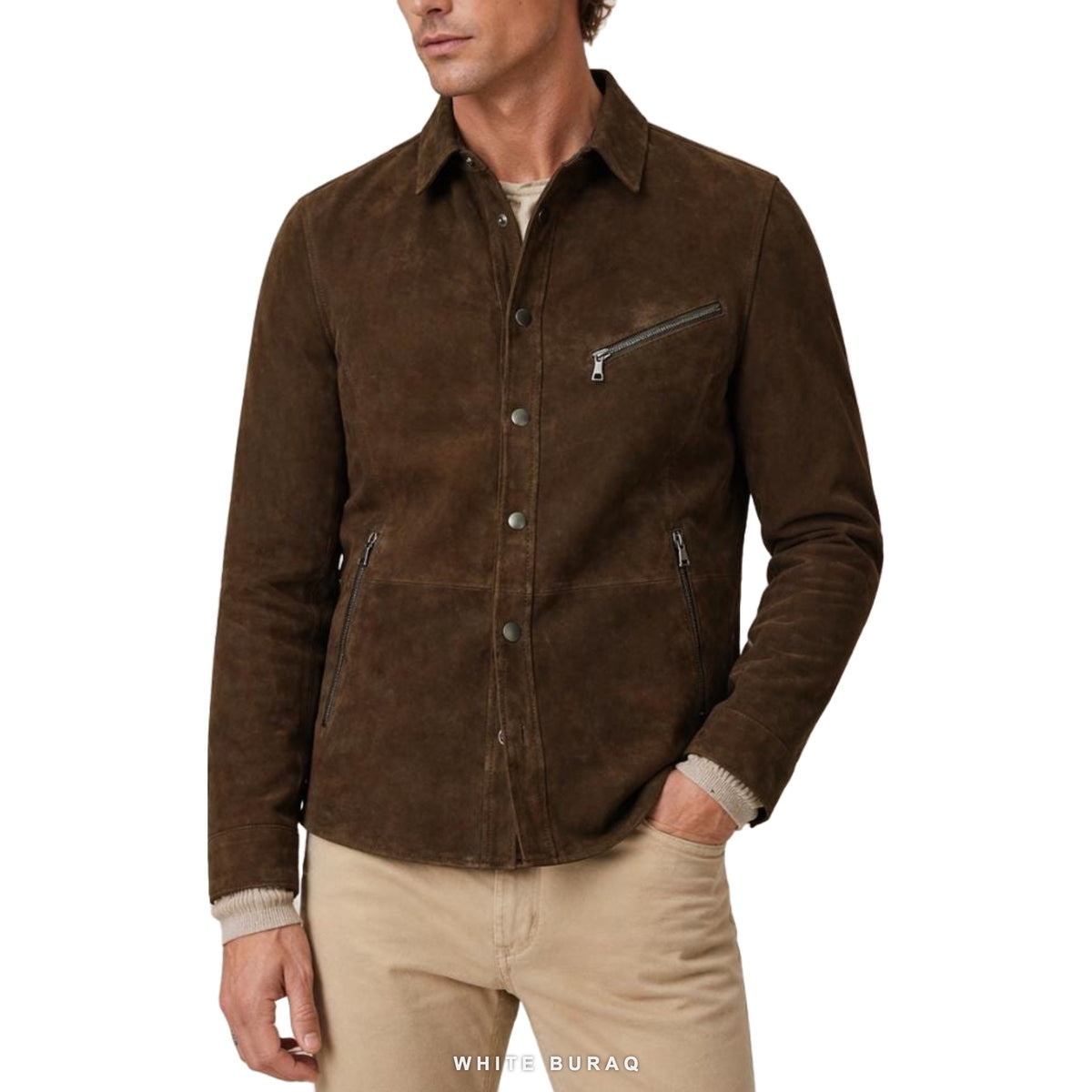 Men's Brown Suede Snap-Button Trucker Shirt Jacket