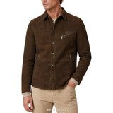 Men's Brown Suede Snap-Button Trucker Shirt Jacket