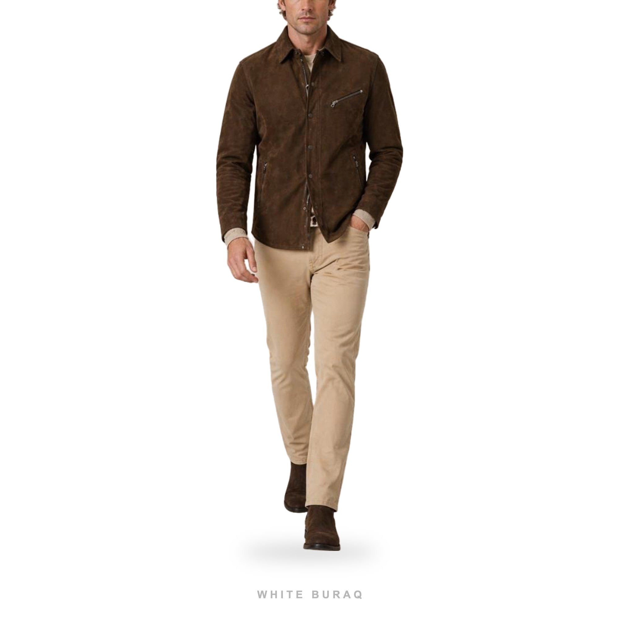 Men's Brown Suede Snap-Button Trucker Shirt Jacket – view 3