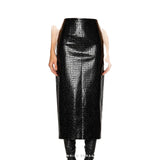 Women's Black Croc-Embossed Leather Midi Pencil Skirt